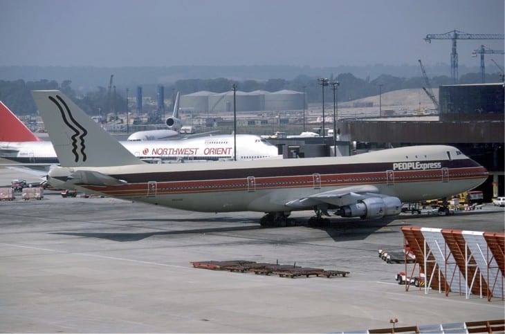 People Express Boeing 747 at London Gatwick in June 1983