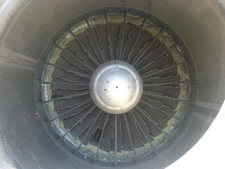 View of fan blades of Pratt & Whitney JT8D jet engine after a bird strike