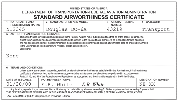 FAA Standard Airworthiness Certificate
